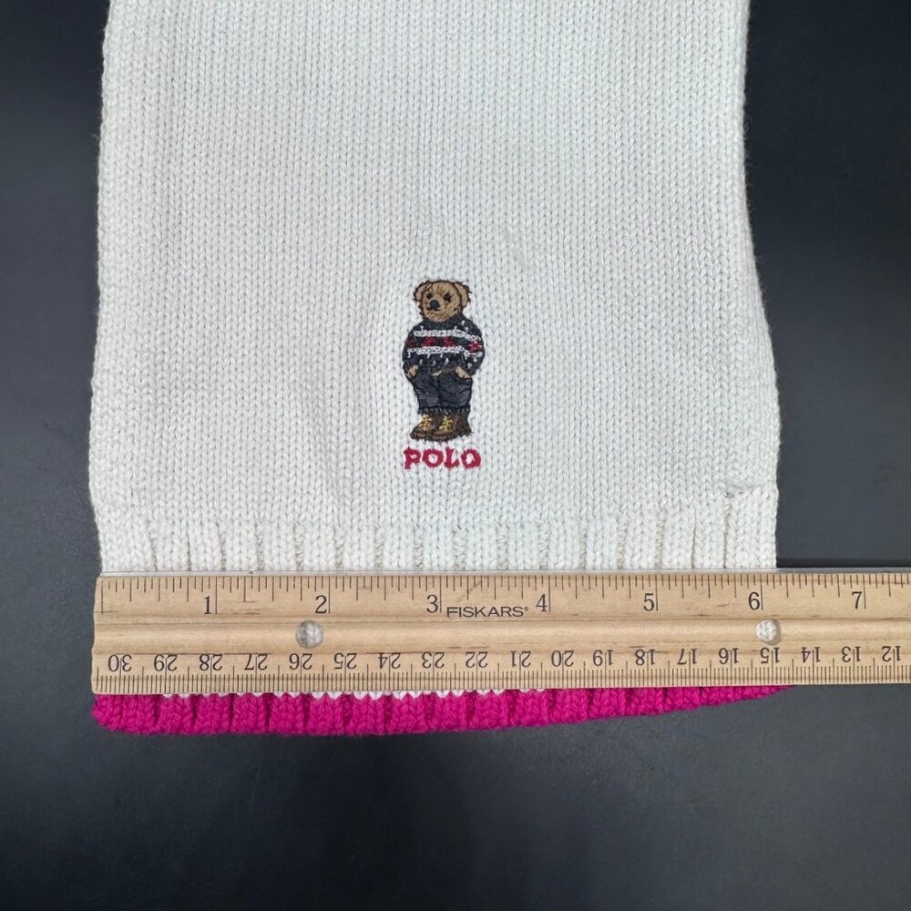 Polo Ralph Lauren Kids Cream Knit Scarf Bear Embroidery Pink Trim One Size 4-7 - Picture 7 of 8
